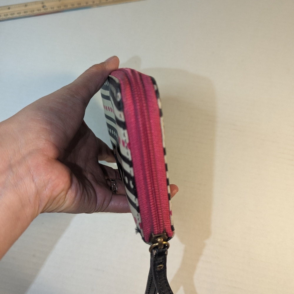 Fossil clutch Zip Around coin purse pink black  off white stripes polka dots - Picture 7 of 14
